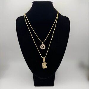 "K" Letter Necklace Set-Color: Gold, Material: Brass/Cubic Zirconia